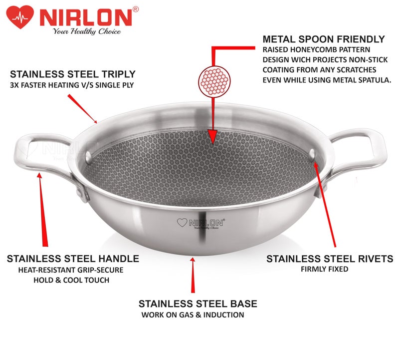NIRLON Honeycomb Triply Stainless Steel Cookware Deep Kadhai-Kadai-Wok Set of 4|24cm-2.6L|26cm-3.1L with Glass Lid|Heavy-Duty Handle|Metal Spatula Friendly|Easy Cleaning|Induction & Gas Stove Friendly - Image 5