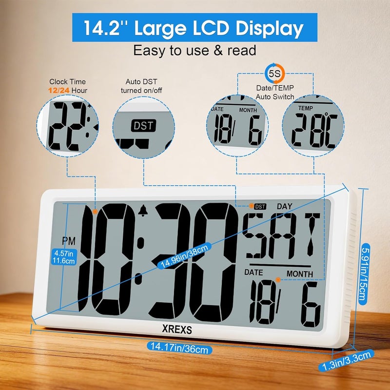 XREXS Large Digital Wall Clock, 14 Inch Large LCD Display Wall Digital Clock, Digital Alarm Clocks for Bedroom Home Decor, Calendar Clock with Time/Calendar/Temperature Display (Batteries Included) - Image 2