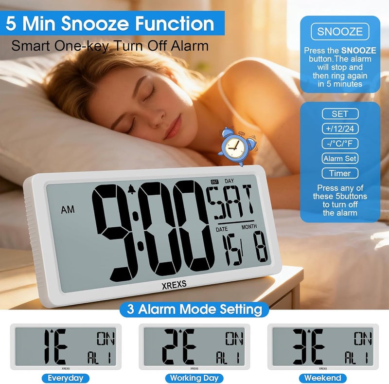 XREXS Large Digital Wall Clock, 14 Inch Large LCD Display Wall Digital Clock, Digital Alarm Clocks for Bedroom Home Decor, Calendar Clock with Time/Calendar/Temperature Display (Batteries Included) - Image 3