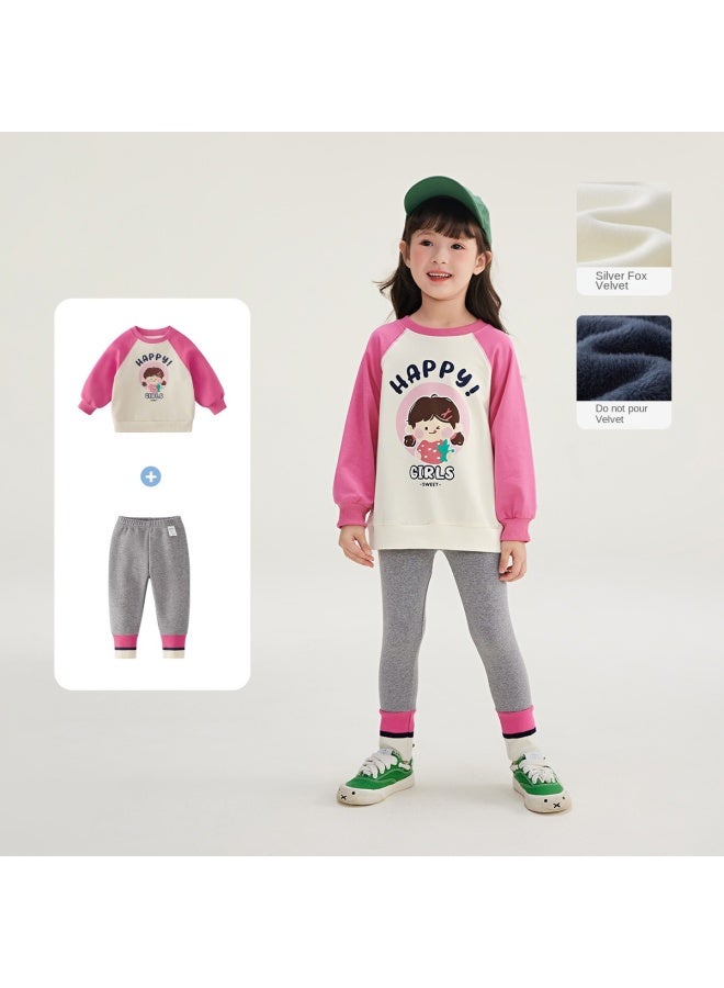 JELLYBABY Cartoon Color Block】spring Outfit For Girls, Back-to-school Season Set, Children's Pullover Hoodie + Leggings Casual Two-piece Set - Image 2