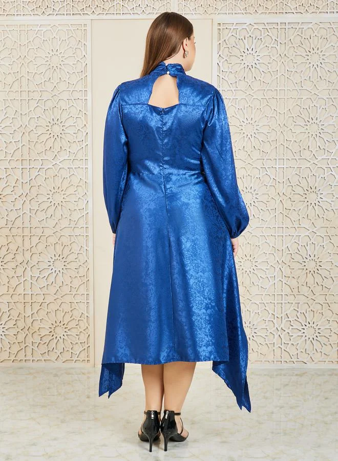 Styli Styli Plus Satin Jacquard Print Handkerchief Hem A-Line Midi Dress