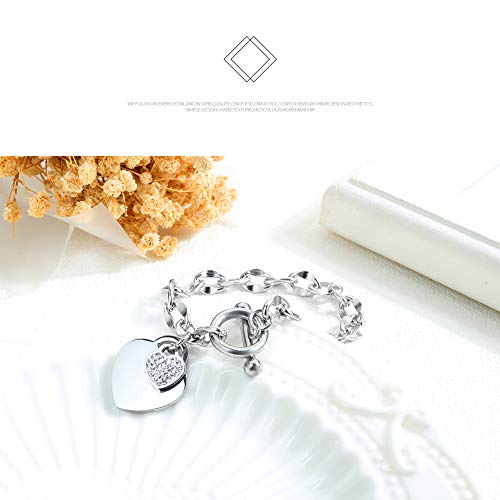 kelistom 316L Stainless Steel Love Heart Charm Bracelet for Women Romantic Gift Silver/Rose/18k Gold Plated OT Clasp Bracelets (silver-1) - Image 3