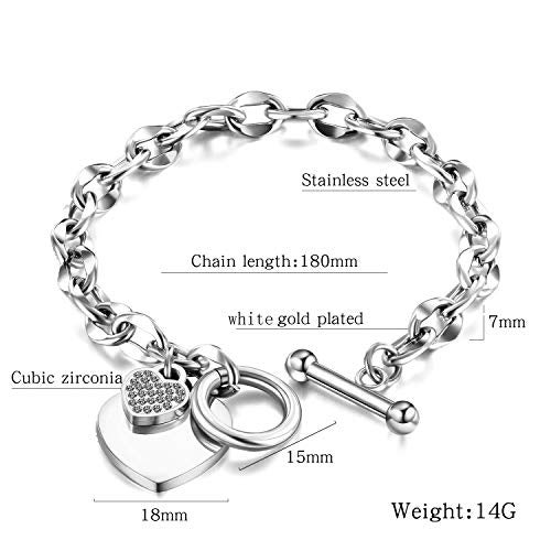 kelistom 316L Stainless Steel Love Heart Charm Bracelet for Women Romantic Gift Silver/Rose/18k Gold Plated OT Clasp Bracelets (silver-1) - Image 2