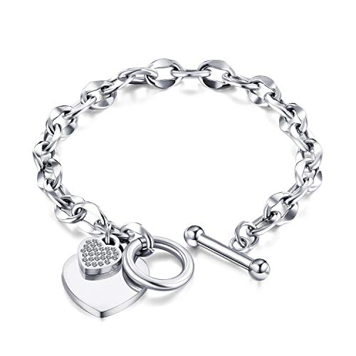 kelistom 316L Stainless Steel Love Heart Charm Bracelet for Women Romantic Gift Silver/Rose/18k Gold Plated OT Clasp Bracelets (silver-1) - Image 1