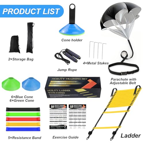 grestar Speed Agility Training Equipment Set Agility Ladder 20ft 12 Football Cones Resistance Running Parachute Jump Rope 5 Resistance Bands Football Soccer Basketball Fitness Drills for Kids Adults - Image 3