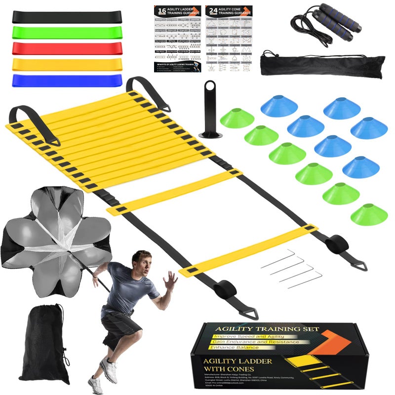grestar Speed Agility Training Equipment Set Agility Ladder 20ft 12 Football Cones Resistance Running Parachute Jump Rope 5 Resistance Bands Football Soccer Basketball Fitness Drills for Kids Adults - Image 2