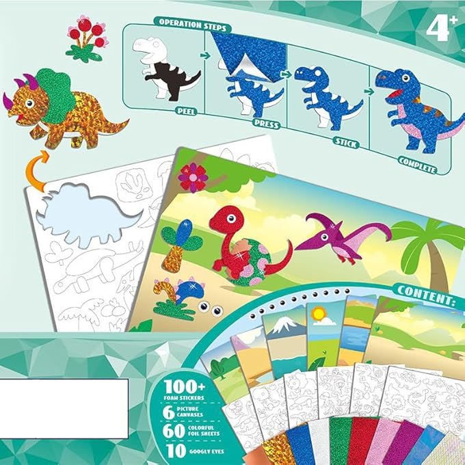 FOIL ART KIT FOR KIDS - ARTS CRAFTS FUN MESS FREE ACTIVITY, GIFTS FOR AGES 4 5 6 7 8 9 GIRLS BOYS, CRAFTS FOR KIDS CREATIVE BIRTHDAY EASTER BASKET STUFFERS GIFTS TOYS (DINOSAUR SERIES) - Image 2