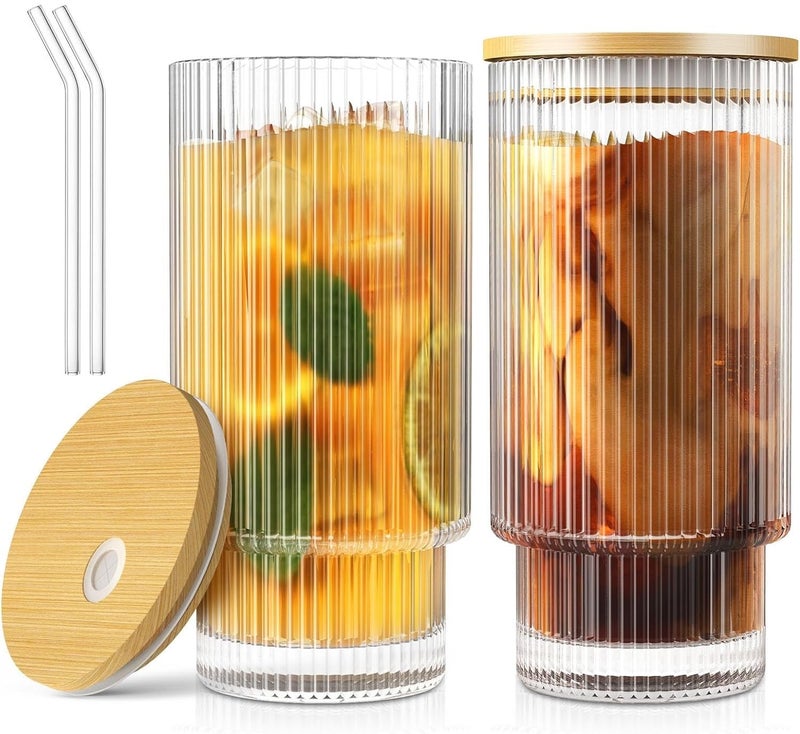KHOLAD Ribbed Glass Coffee Sipper Bottle with Bamboo Lid Glass Straw Pack of 1 400ml Clear Vertical Stripe Drinking Glasses Tumbler for Cold Beverage Home Travel Cup Lining 1