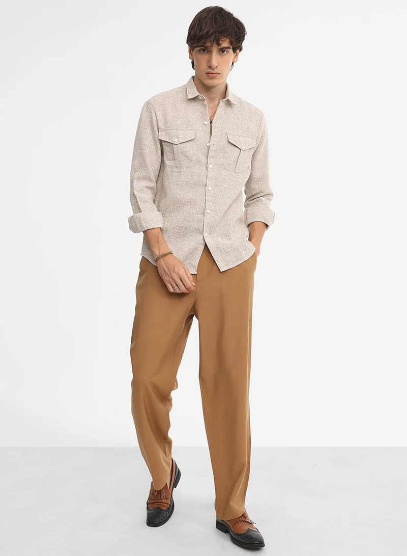 Campus Sutra Men's Tan Brown & Ivory White Basket-Weave Shirt