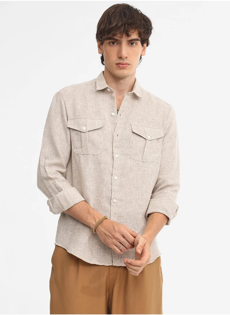 Campus Sutra Men's Tan Brown & Ivory White Basket-Weave Shirt