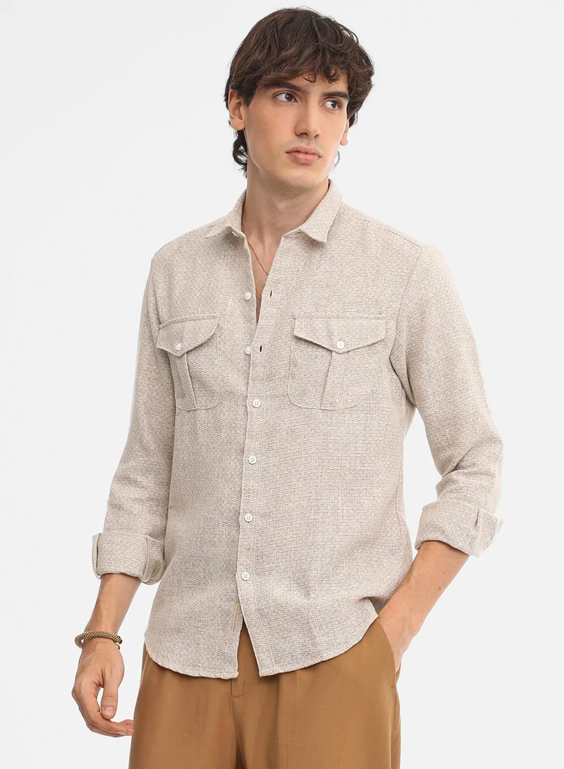 Campus Sutra Men's Tan Brown & Ivory White Basket-Weave Shirt