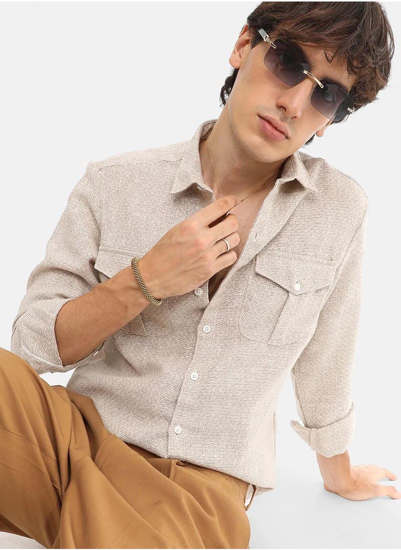 Campus Sutra Men's Tan Brown & Ivory White Basket-Weave Shirt
