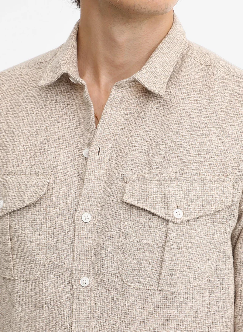 Campus Sutra Men's Tan Brown & Ivory White Basket-Weave Shirt