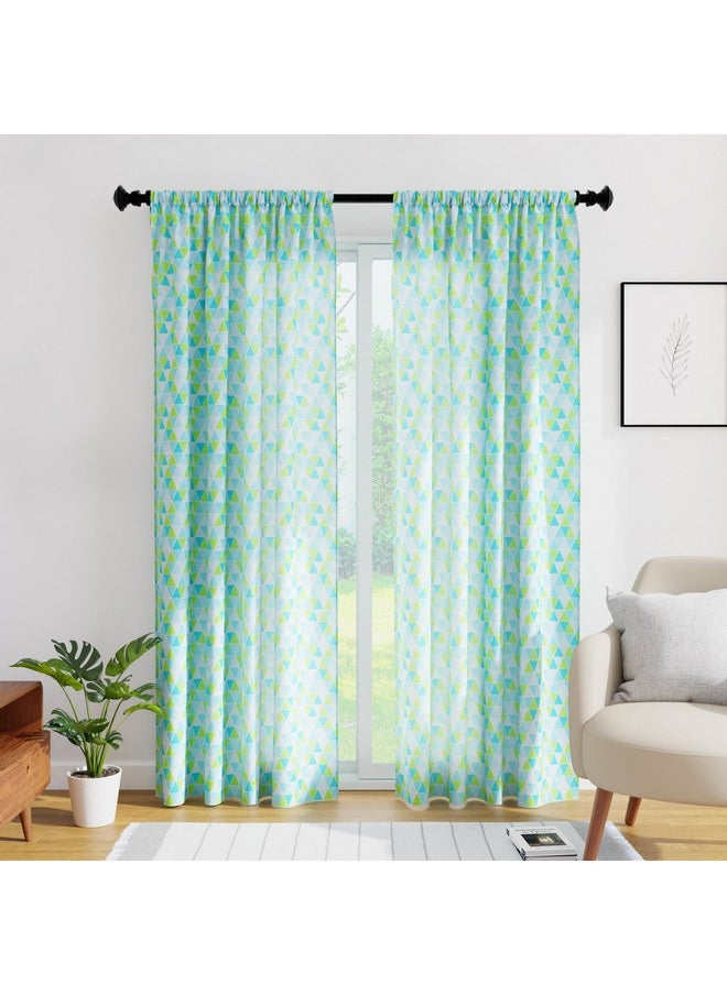 Encasa XO - Encasa XO Window Curtain 7 ft Set of 2, Polyester Printed with Rod Pocket, Tie Back, Light-Filtering, Semi Sheer/Transparent Curtains- Kitchen, Bedroom, Living Room (140x213 cm), Triangles Aqua - Image 1