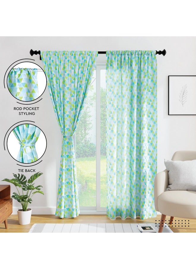 Encasa XO - Encasa XO Window Curtain 7 ft Set of 2, Polyester Printed with Rod Pocket, Tie Back, Light-Filtering, Semi Sheer/Transparent Curtains- Kitchen, Bedroom, Living Room (140x213 cm), Triangles Aqua - Image 1