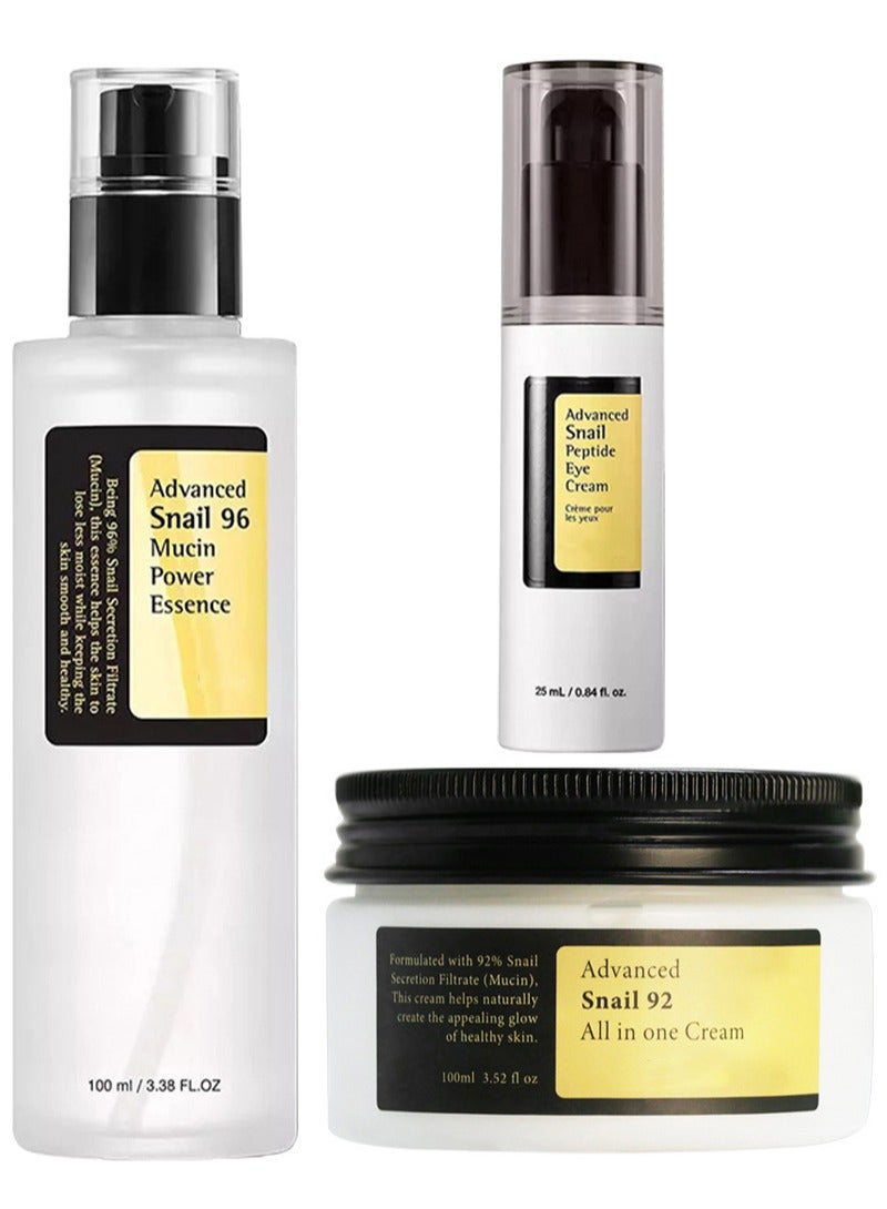 Advanced Snail 96 Mucin Power Essence,Advanced Snail 92 All in one Cream and Advanced Snail Peptide Eye Cream-Ultimate Glass Glow Moisturizing Set with Snail Mucus for Dry,Sensitive Skin - Image 1