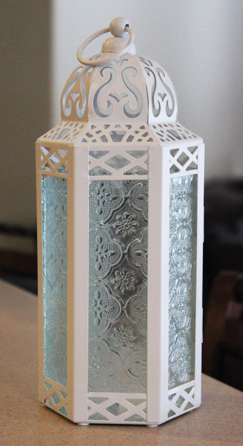 VELA LANTERNS White Moroccan Candle Lantern Decorative Candle Holder Lamp for Table or Hanging, Ramadan Decorations, Indoor Home Decor, Outdoor Patio or Porch, Weddings, Clear Glass, Medium - Image 3