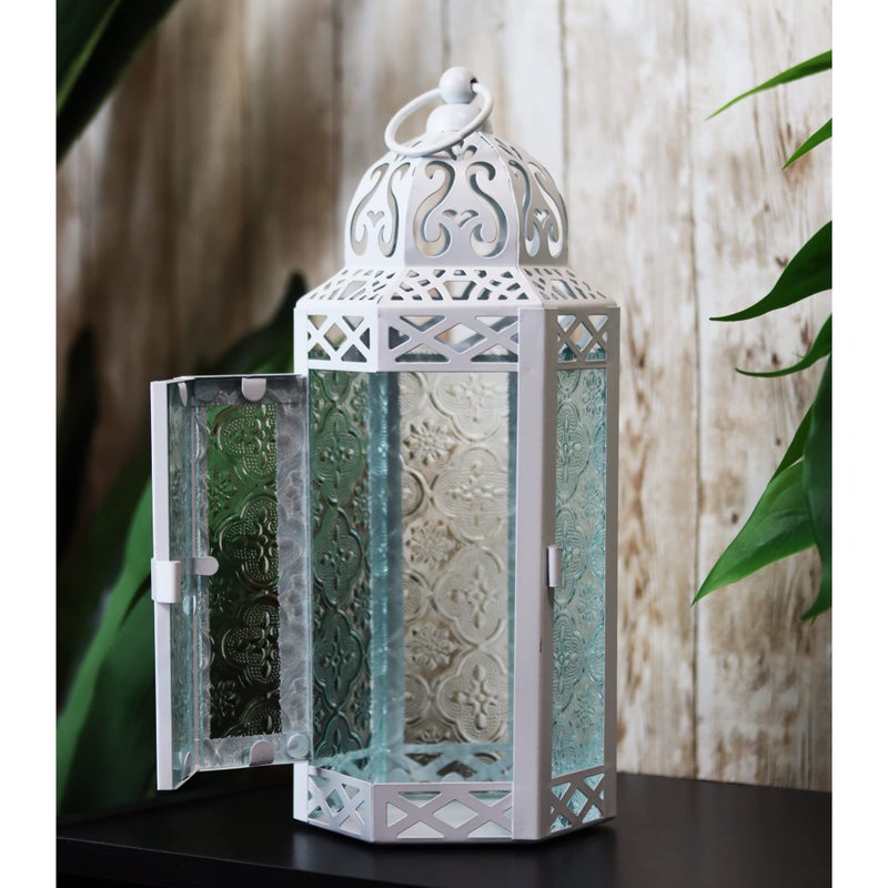 VELA LANTERNS White Moroccan Candle Lantern Decorative Candle Holder Lamp for Table or Hanging, Ramadan Decorations, Indoor Home Decor, Outdoor Patio or Porch, Weddings, Clear Glass, Medium - Image 2