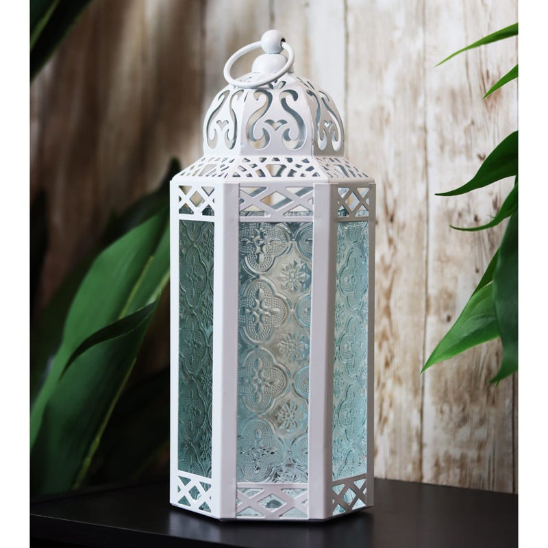 VELA LANTERNS White Moroccan Candle Lantern Decorative Candle Holder Lamp for Table or Hanging, Ramadan Decorations, Indoor Home Decor, Outdoor Patio or Porch, Weddings, Clear Glass, Medium - Image 1