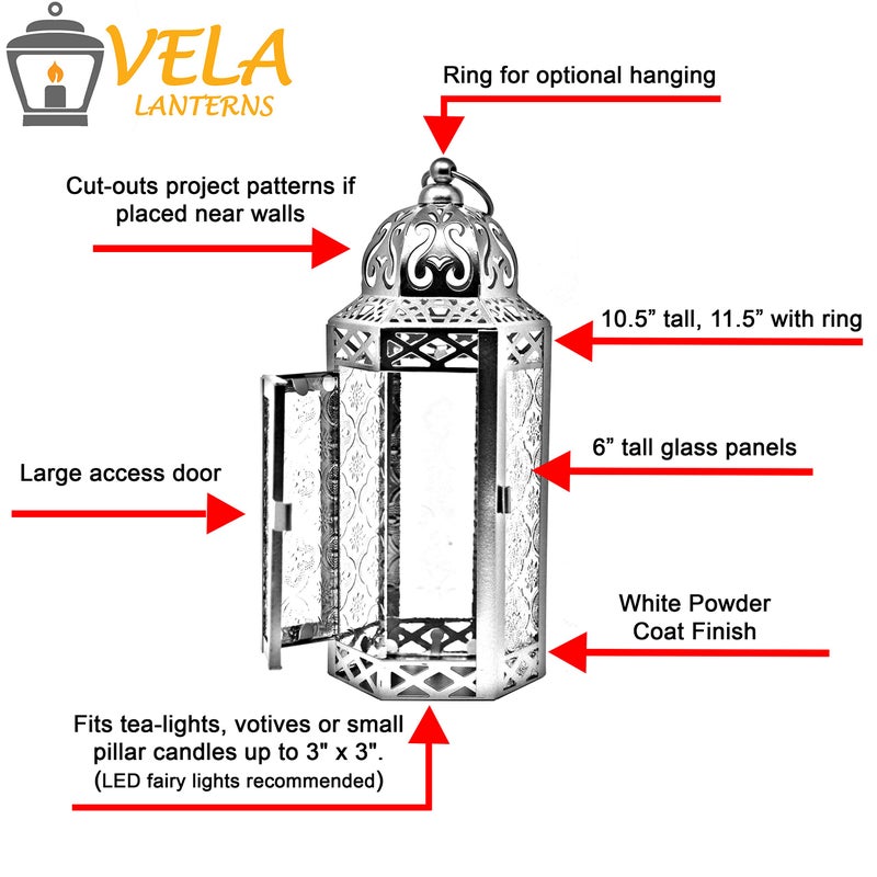 VELA LANTERNS White Moroccan Candle Lantern Decorative Candle Holder Lamp for Table or Hanging, Ramadan Decorations, Indoor Home Decor, Outdoor Patio or Porch, Weddings, Clear Glass, Medium - Image 5