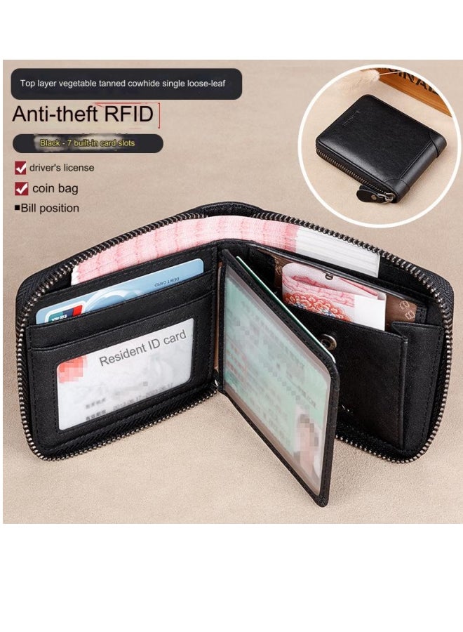 banyanu Short Genuine Leather Large Capacity Men's Multifunctional Cowhide Wallet Black-Single Loose-Leaf Model - Image 1