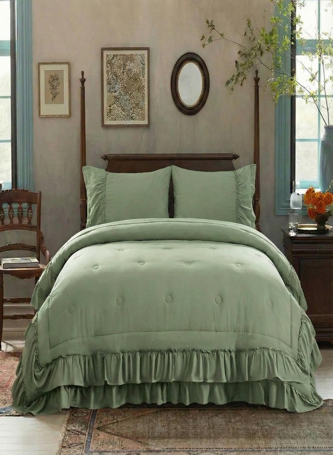 Bedding_Dreamer طقم لحاف أخضر أفوكادو، مقاس كينج، طقم مفروشات بوهيمي، تصميم ريفي أنيق، طبقتان، مكشكش، ديكور غرفة نوم، ديكور منزلي، لحاف من الألياف الدقيقة فائقة النعومة، طقم لحاف بوهيمي - Image 1