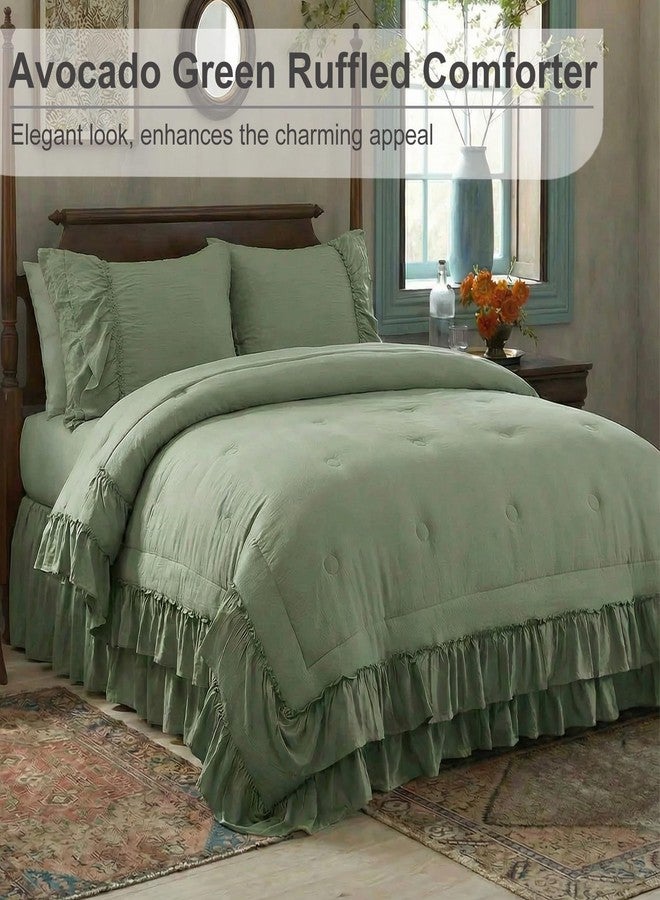 Bedding_Dreamer طقم لحاف أخضر أفوكادو، مقاس كينج، طقم مفروشات بوهيمي، تصميم ريفي أنيق، طبقتان، مكشكش، ديكور غرفة نوم، ديكور منزلي، لحاف من الألياف الدقيقة فائقة النعومة، طقم لحاف بوهيمي - Image 2