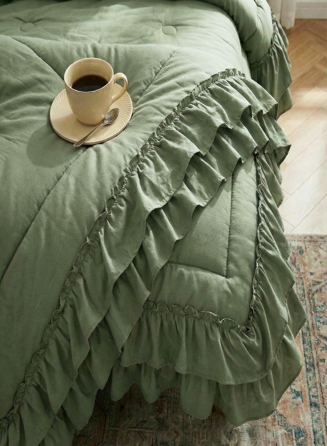 Bedding_Dreamer طقم لحاف أخضر أفوكادو، مقاس كينج، طقم مفروشات بوهيمي، تصميم ريفي أنيق، طبقتان، مكشكش، ديكور غرفة نوم، ديكور منزلي، لحاف من الألياف الدقيقة فائقة النعومة، طقم لحاف بوهيمي - Image 4