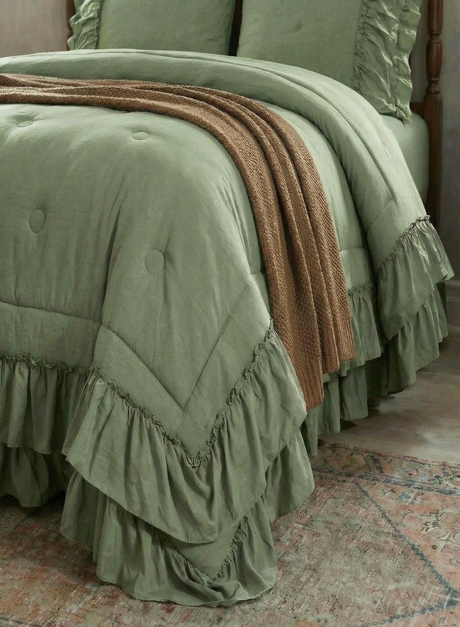 Bedding_Dreamer طقم لحاف أخضر أفوكادو، مقاس كينج، طقم مفروشات بوهيمي، تصميم ريفي أنيق، طبقتان، مكشكش، ديكور غرفة نوم، ديكور منزلي، لحاف من الألياف الدقيقة فائقة النعومة، طقم لحاف بوهيمي - Image 5