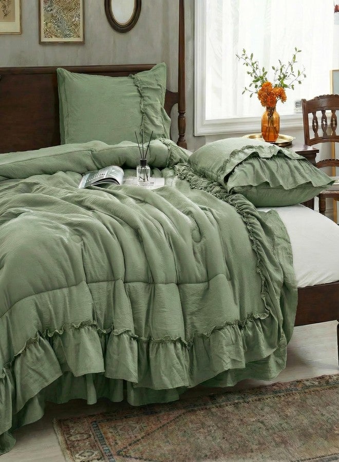 Bedding_Dreamer طقم لحاف أخضر أفوكادو، مقاس كينج، طقم مفروشات بوهيمي، تصميم ريفي أنيق، طبقتان، مكشكش، ديكور غرفة نوم، ديكور منزلي، لحاف من الألياف الدقيقة فائقة النعومة، طقم لحاف بوهيمي - Image 3