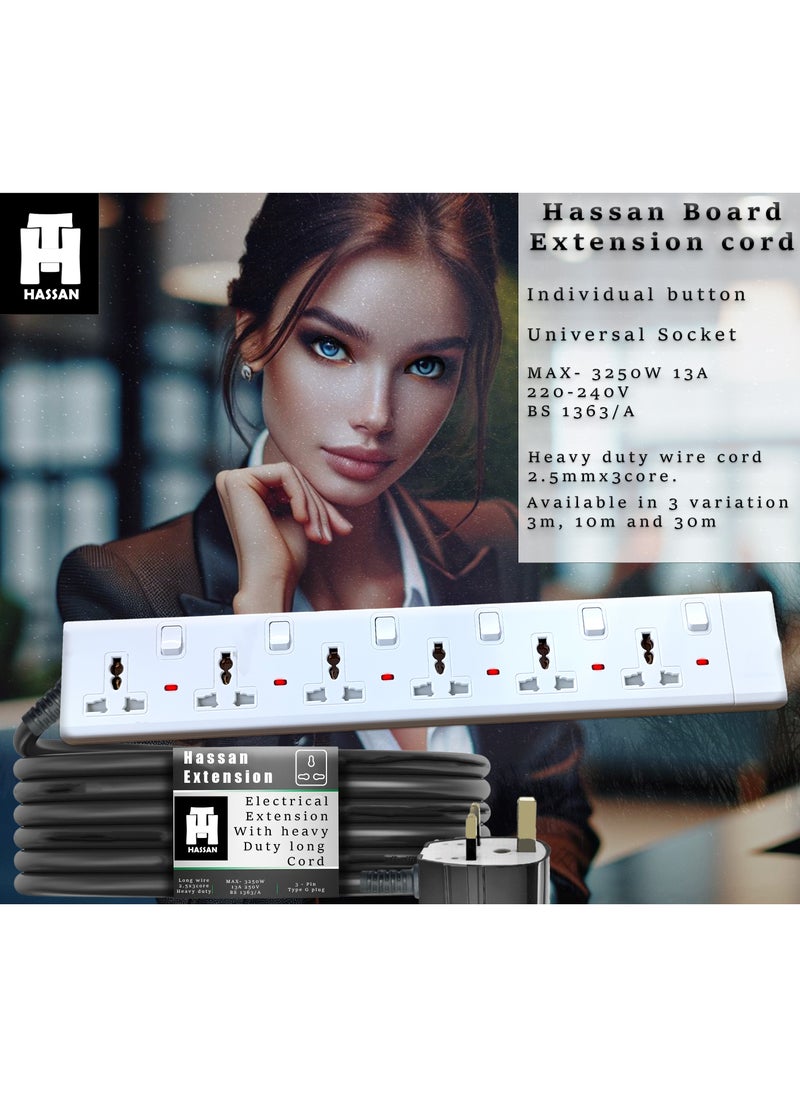 Hassan Hassan Heavy Duty 6 Socket Power Extension Board with Universal Sockets, Long Cable Options, Durable & Safe Power Strip for Home and Office  - Image 2