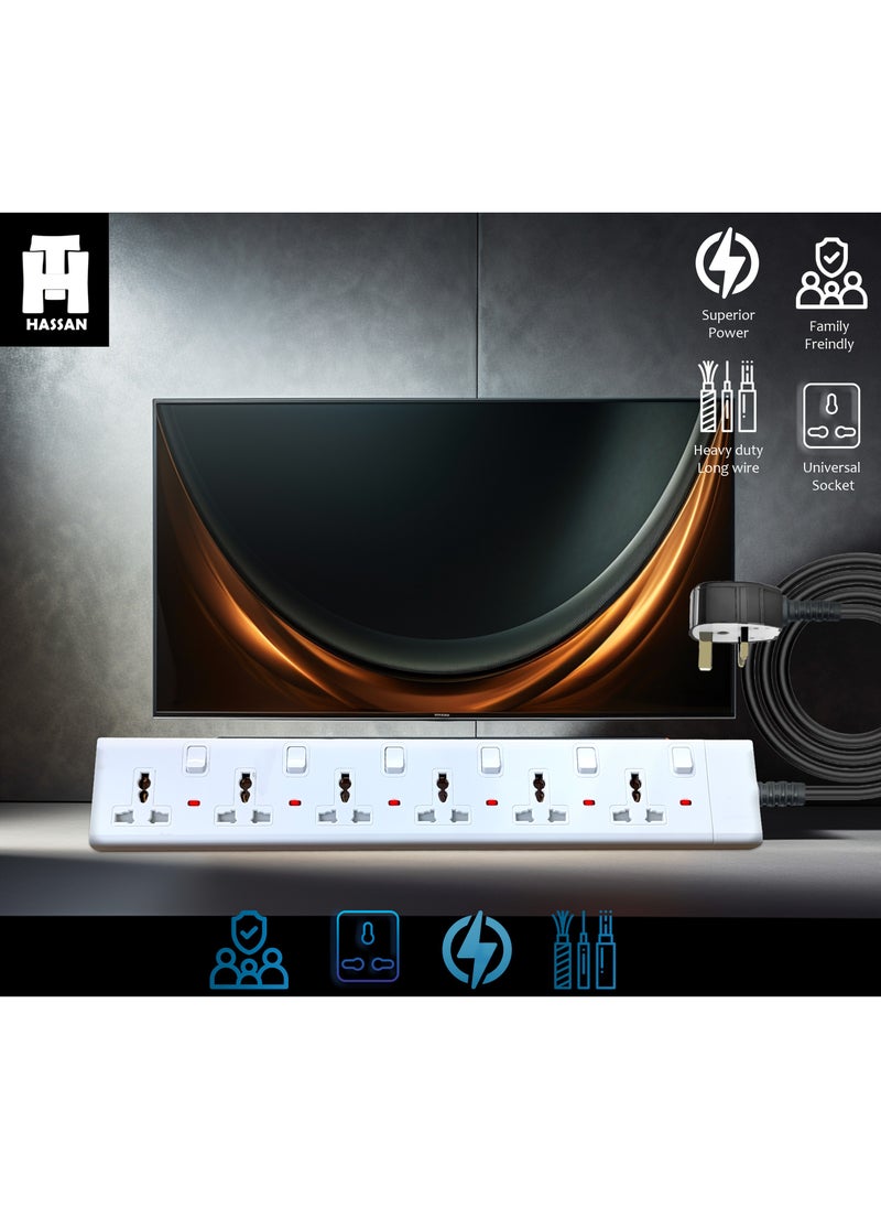 Hassan Hassan Heavy Duty 6 Socket Power Extension Board with Universal Sockets, Long Cable Options, Durable & Safe Power Strip for Home and Office  - Image 3