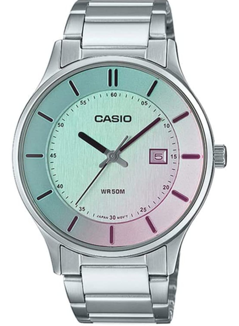 CASIO ساعة للجنسين مع عرض التاريخ ومينا متعدد الألوان وزجاج مستقطب وسوار من الفولاذ المقاوم للصدأ MTP-E605D-7EVDF، متعدد الألوان - Image 1