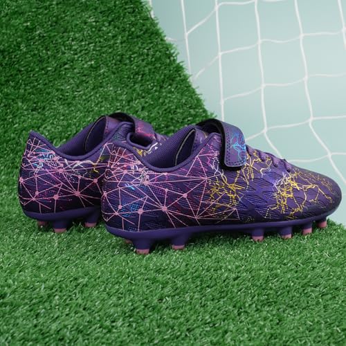 brooman Kids Firm Ground Soccer Cleats Girls Football Cleats with Shin Guards and Soccer Socks (8,Purple) - Image 5