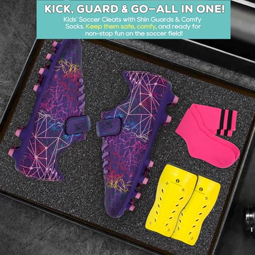 brooman Kids Firm Ground Soccer Cleats Girls Football Cleats with Shin Guards and Soccer Socks (8,Purple) - Image 4