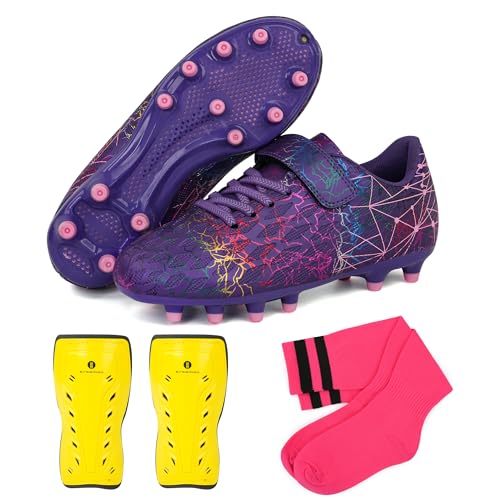 brooman Kids Firm Ground Soccer Cleats Girls Football Cleats with Shin Guards and Soccer Socks (8,Purple) - Image 1