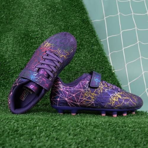 brooman Kids Firm Ground Soccer Cleats Girls Football Cleats with Shin Guards and Soccer Socks (8,Purple) - Image 2
