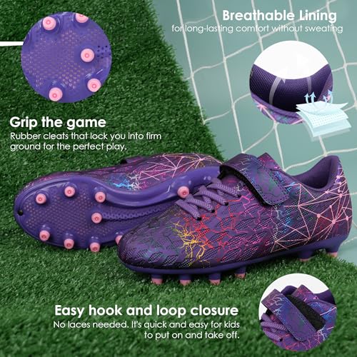 brooman Kids Firm Ground Soccer Cleats Girls Football Cleats with Shin Guards and Soccer Socks (8,Purple) - Image 3