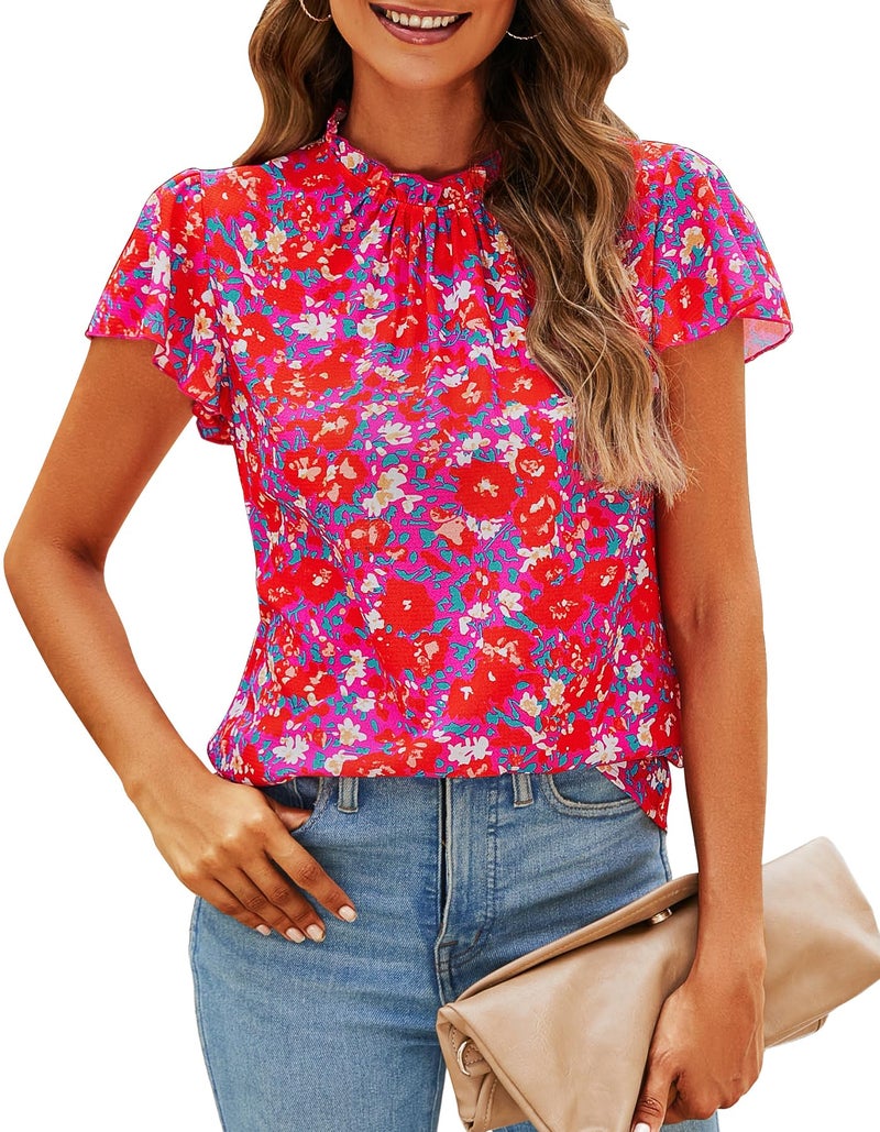 SimpleFun Womens Boho Top Short Sleeve Ruffle Frill Trim Mock Neck Floral Print 2026 Casual Blouse Shirt Pink L - Image 1