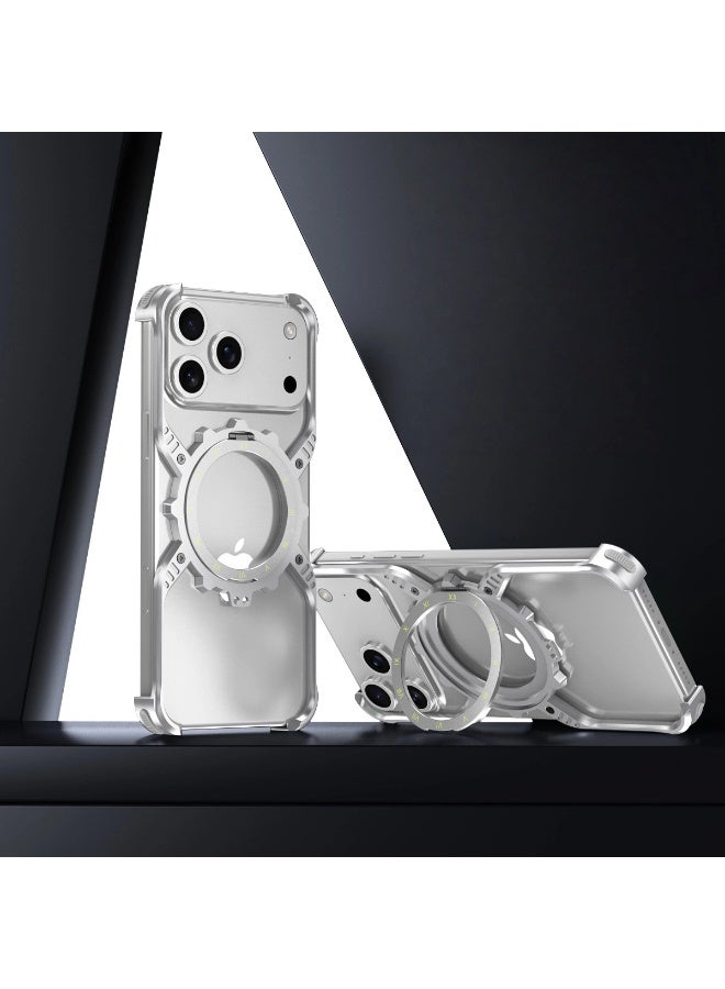 متوافق مع iPhone 17 Pro، غلاف هاتف معدني مبدد للحرارة، مع حامل تروس مضيء في الظلام، غلاف بدون حواف مقاوم للسقوط، مقاوم للخدوش والبلى