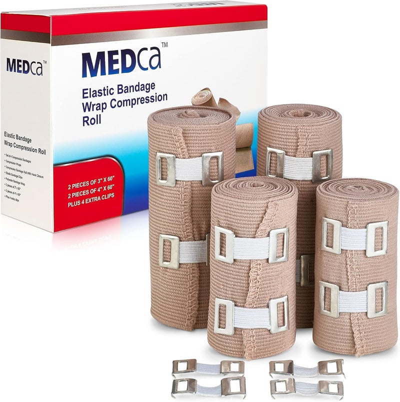 MEDca Elastic Compression Bandage Wrap - Premium Quality (Set of 4) w/ Hooks, Athletic Sport Support Tape Rolls for Ankle, Wrist, Arm, Leg Sprains First Aid Bandages Measure (2)- 4" x 5 Ft (2)- 3" x 5 Ft