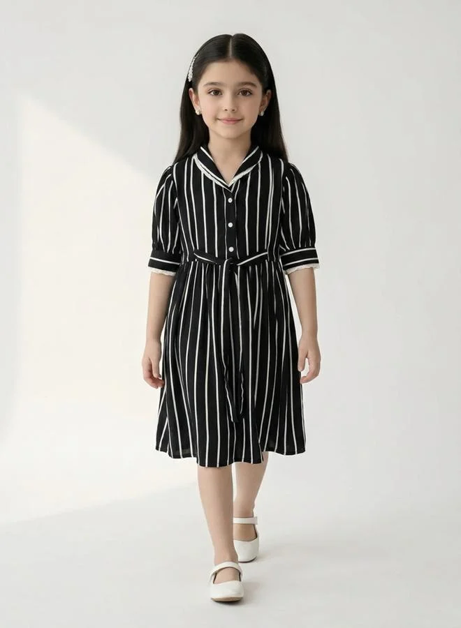 Bella Moda Girls Striped Cotton Dress with Bow Waist Applique