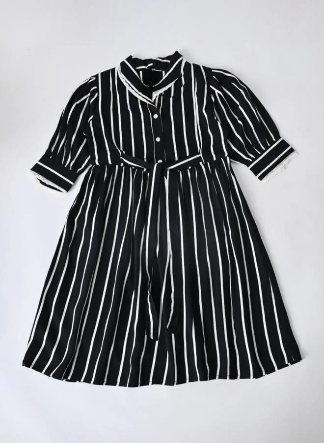 Bella Moda Girls Striped Cotton Dress with Bow Waist Applique