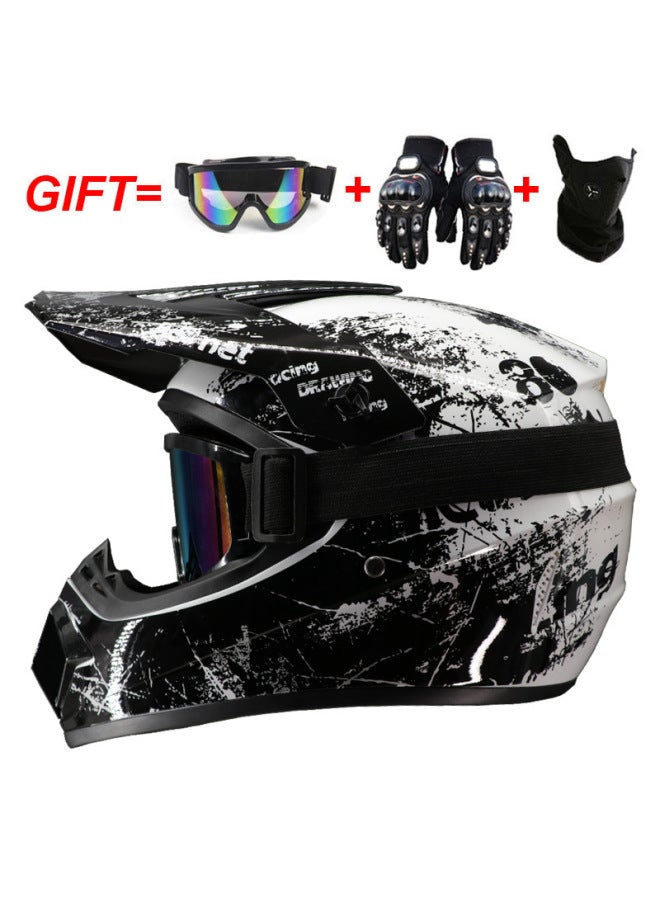 ABS Motorcycle Off-Road Half Helmet, Small, Four Seasons - Bright White Floral with Goggles, Mask and Gloves