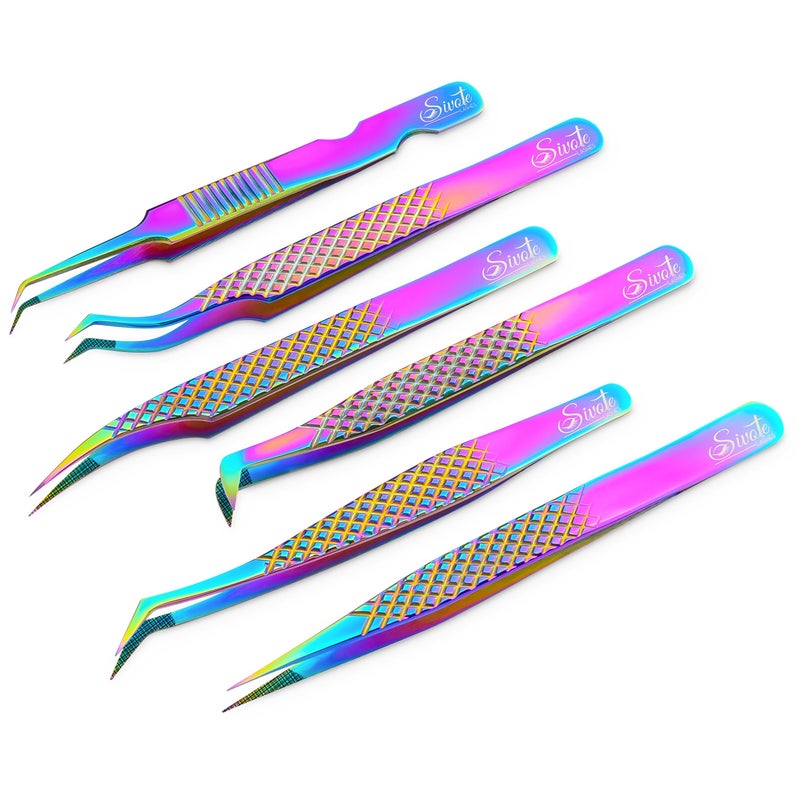 SIVOTE Eyelash Extension Tweezers Fiber Tips Japanese Steel Set of 6  Curved Dolphin 90 45 Volume Boot  Slight Curved Tweezer  Professional Lash Tweezers for Lash Extensions Rainbow
