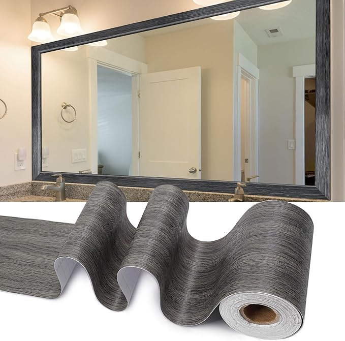 DEEPLITE Grey Wooden Self Adhesive Home Floor Tiles Wallpaper Border Board Trim Moulding Sticker Solid Wooden Wallpaper Border Removable Waterproof Bathroom Mirror Frame 4x120 inch - Image 1