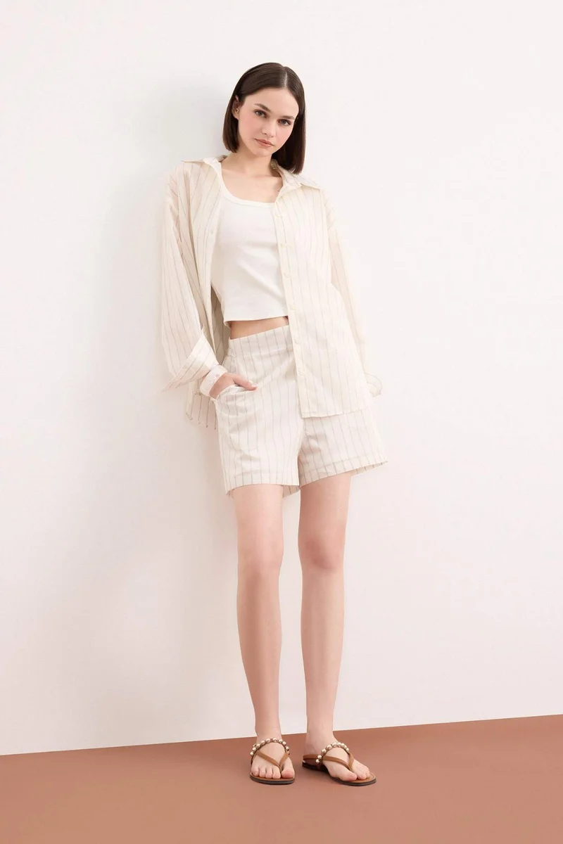 DeFacto Striped High Waist Regular Hem Shorts