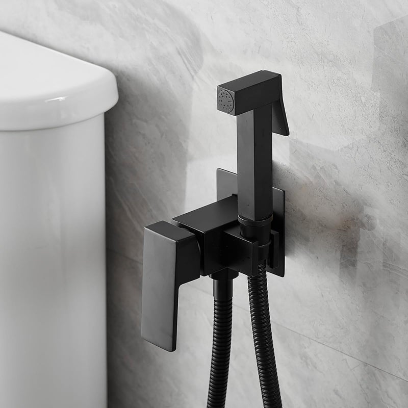 Bathfinesse Warm Water Bidet Sprayer Faucet for Toilet with Hot and Cold Brass Valve, Stainless Steel Square Handheld Bidet Attachment Set, Wall Mounted, Matte Black - Image 1