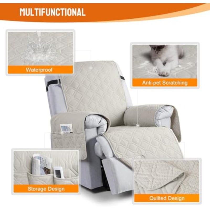 100% Waterproof Recliner Chair Coversn, Non-Slip Chair Cover, Furniture Protector, Washable Slipcover with Pocket, Elastic Straps for,Pets C, Beige - Image 3