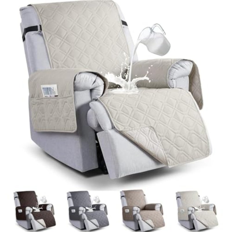100% Waterproof Recliner Chair Coversn, Non-Slip Chair Cover, Furniture Protector, Washable Slipcover with Pocket, Elastic Straps for,Pets C, Beige - Image 1